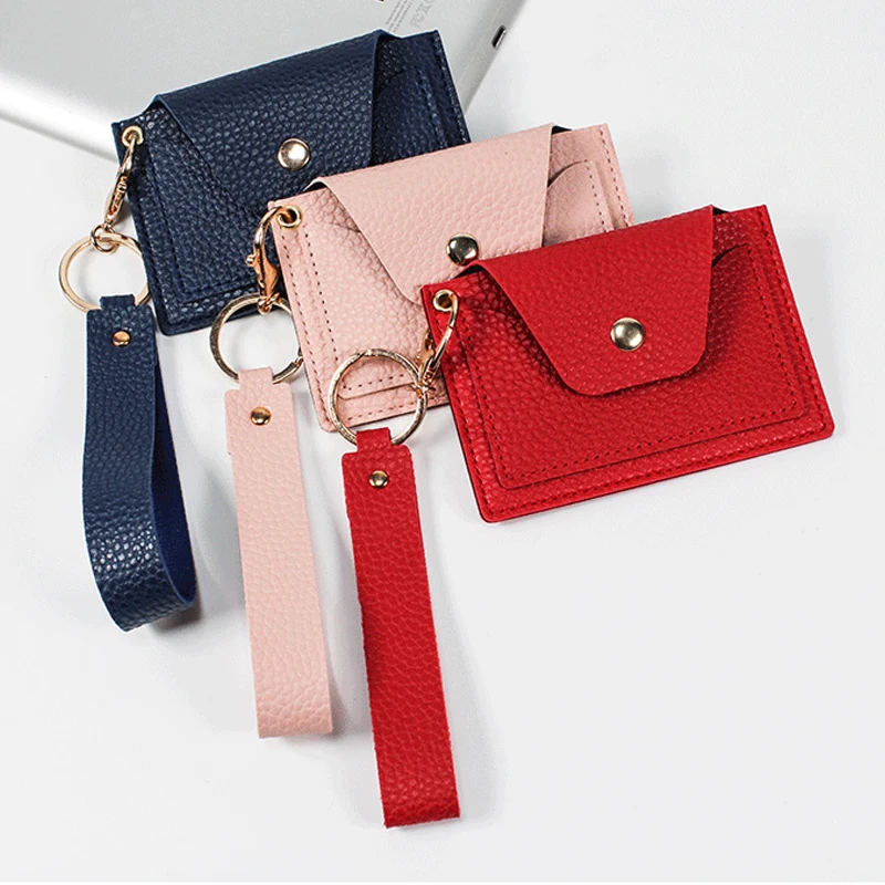 

Korean Student Card Bag Solid Color Card Holder Pu Card Holder Coin Purse Simplicity Lychee Pattern Hand Lanyard Card Jolder