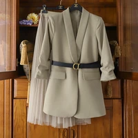 2020 plus size womens suit blazer dress long jacket mesh dresses two piece set with belt elegant women winter coat dress sets