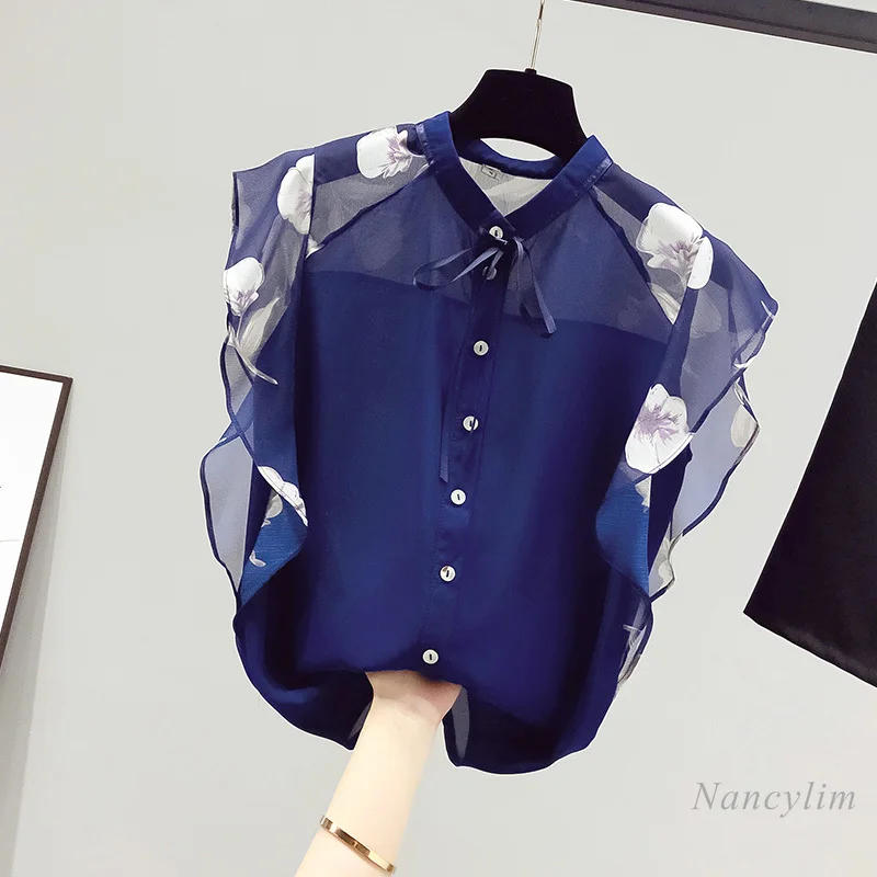 

Summer Short Sleeve Chiffon Blouses Femme 2021 Floral Ruffled Sleeve Stand Collar Shirt Women's Clothing Tops Nancylim