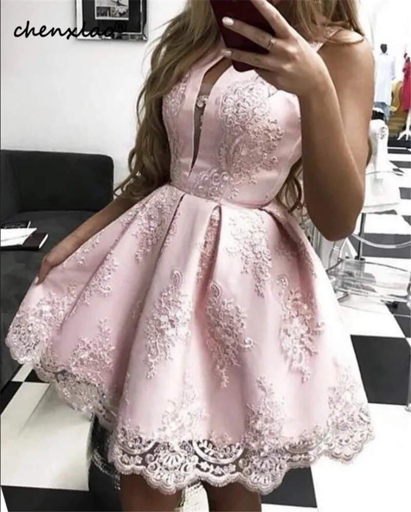 Vestidos розовое платье для выпускного вечера ТРАПЕЦИЕВИДНОЕ платье без рукавов с кружевным орнаментом выше колена платья для выпускного платья