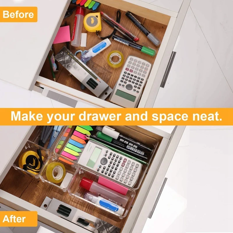 

7 Pcs Drawer Organizer with Non-Slip Silicone Pads, 4-Size Clear Desk Drawer Organizer Trays in Office and Kitchen