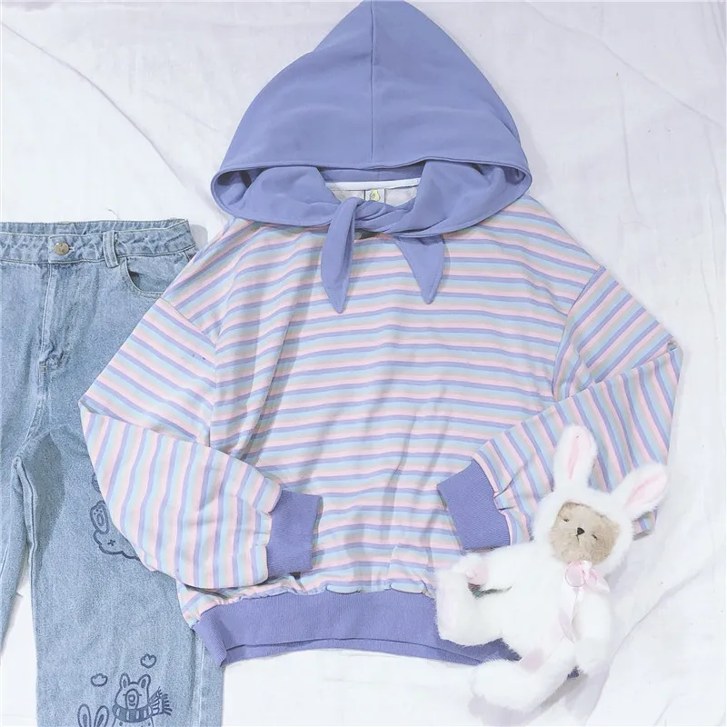 Mori Girl Японский милый Бандаж с капюшоном в полоску свободные контрастные цвета