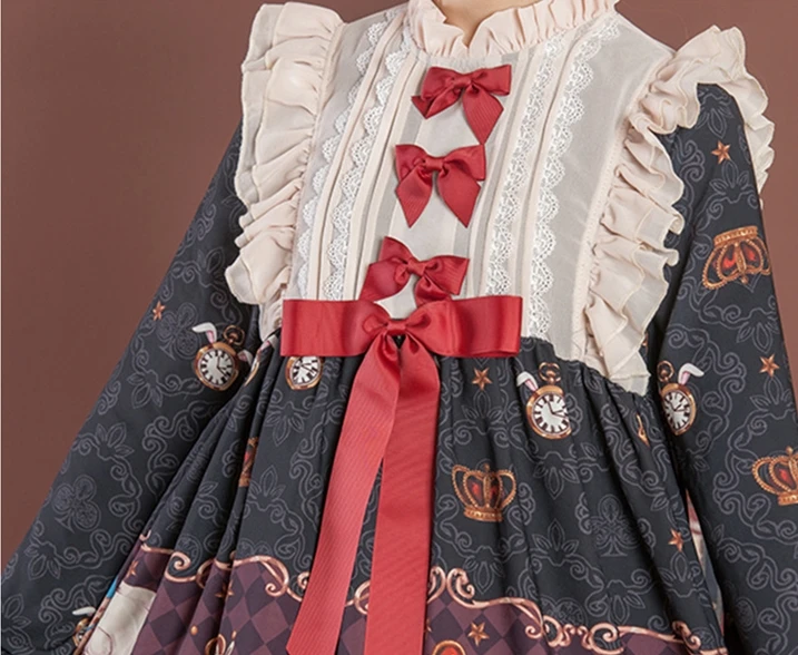 

Palace princess sweet lolita dress retro falbala stand bowknot high waist printing victorian dress kawaii girl gothic lolita op