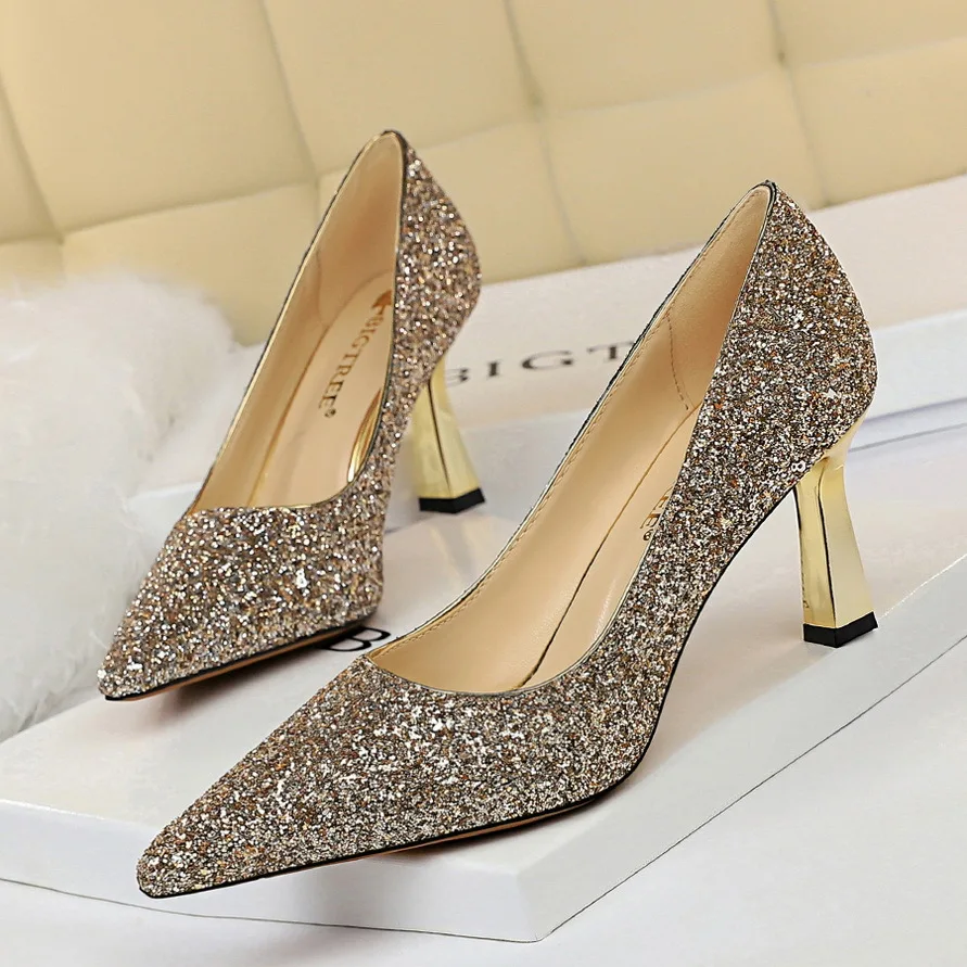 

BIGTREE Fashion, Sexy, Shining Sequined High Heels, Shallow Mouth Pointed High Heels Women's Single Shoes Wedding Shoes 1878-1