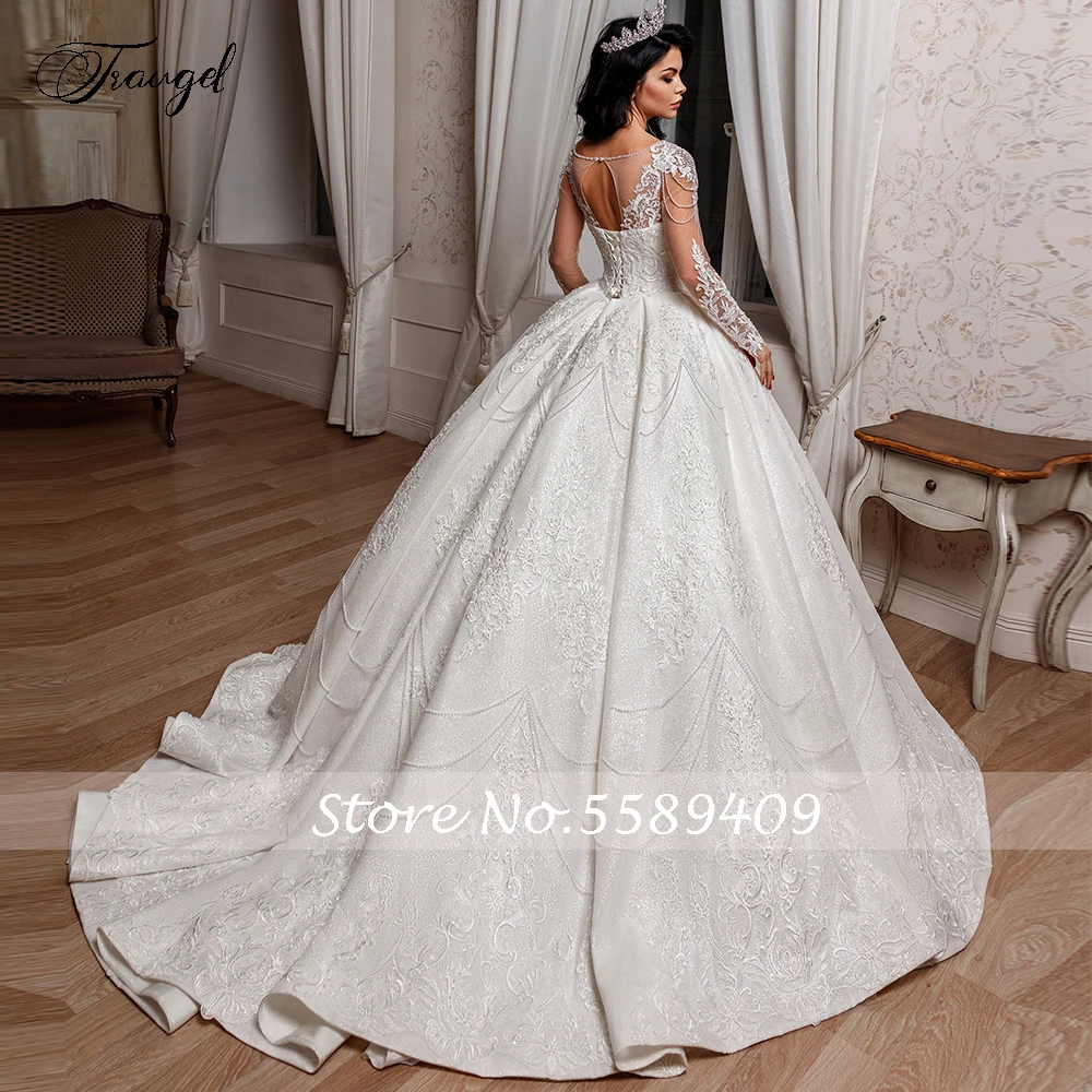 Traugel Scoop Ball Gown Satin Wedding Dresses Luxury Applique Beadings Long Sleeve Bride Dress Sweep Train Bridal Gown Plus Size