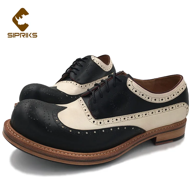 

Sipriks Mens Black White Calf Leather Brogue Shoes Vintage Wingtip Dress Shoes Round Goodyear Welted Oxfords Blake Formal Suit
