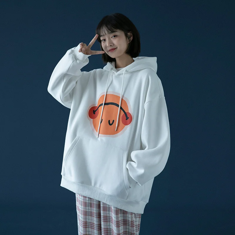 

Милый свитер с мультяшным принтом, женское Свободное пальто в студенческом Корейском стиле, повседневный топ с капюшоном, осень и зима 2021