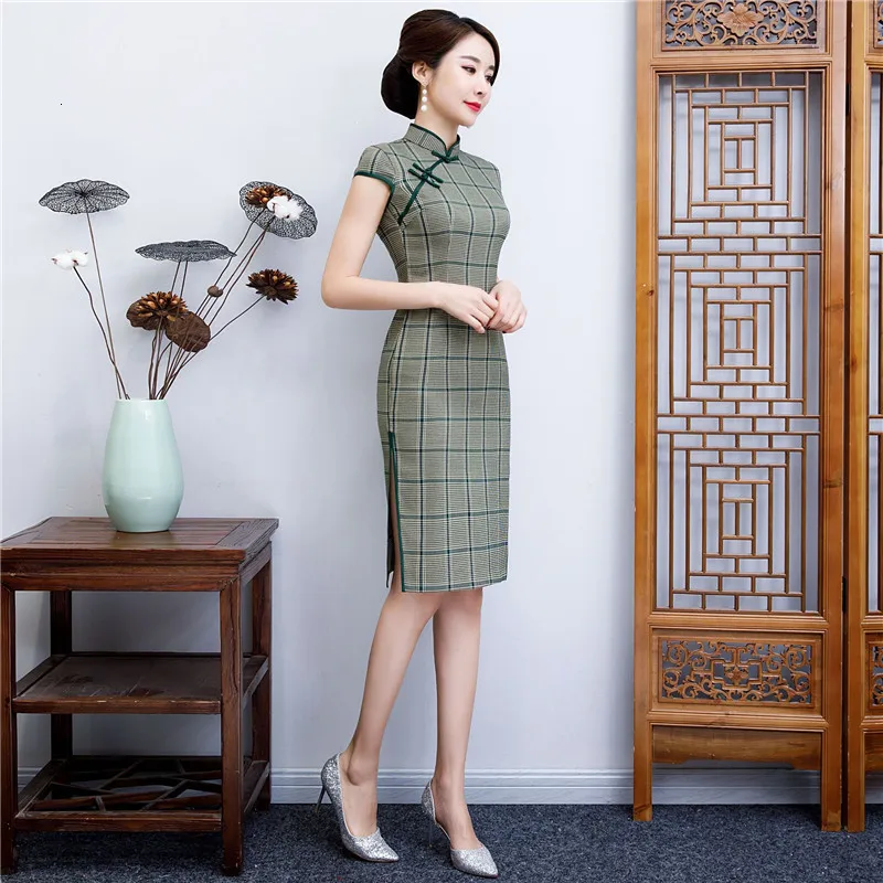 Летнее клетчатое платье с коротким рукавом, сексуальное, тонкое, Qipao, миди платья для женщин, Vestidos, Cheongsams, винтажное традиционное китайское платье, M-4XL