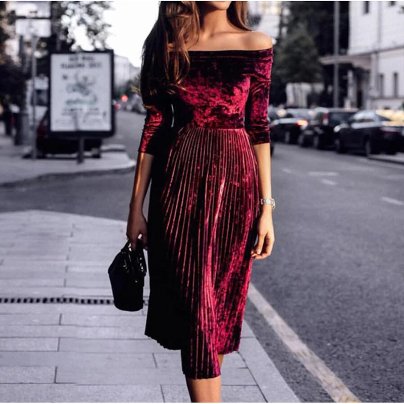 

2021 Spring New Half-sleeve Dress Women Solid Color Middle Sleeve Slash Neck High Waist Pleated Dress Velete Casual Dresses