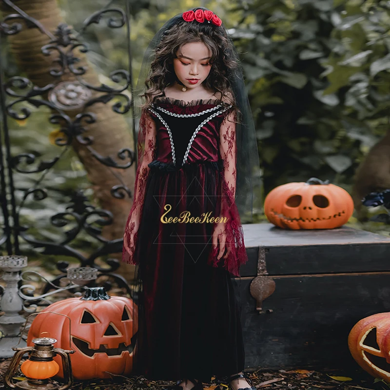 

Halloween costume for kids Ghost Bride Costume Bride Zombie Dress Queen Red Long Dress Girls Witch Costume Devil costume