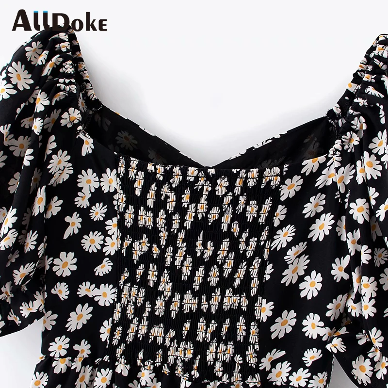 

ALLDOKE vintage ruffles floral print short dress women summer high waist v neck lantern sleeve sexy black ladies dresses vestido