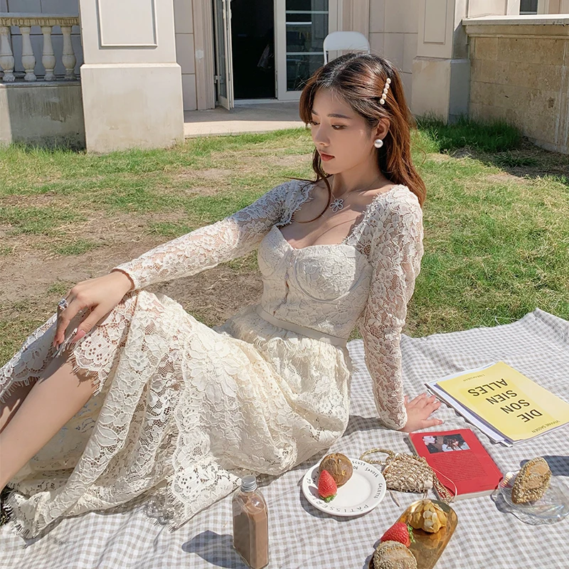 

Sexy Dresses Women 2021 Spring&Autumn French Royal Style Retro Square Collar Long Dress Long Sleeve Lace Gown Cake Dress New
