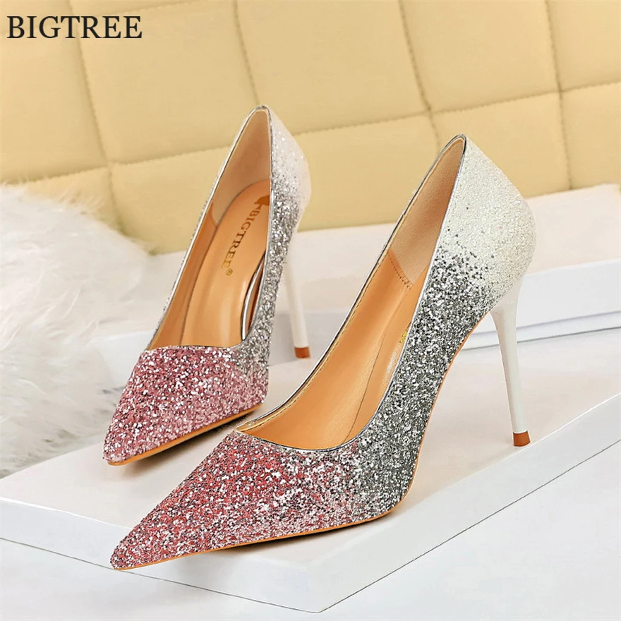 

Bling Mixed Colors Woman Pumps Autumn Pointy Toe Sequined Cloth Women High Heels Shoes Shallow Fashion Ladies Wedding Dress Shoe