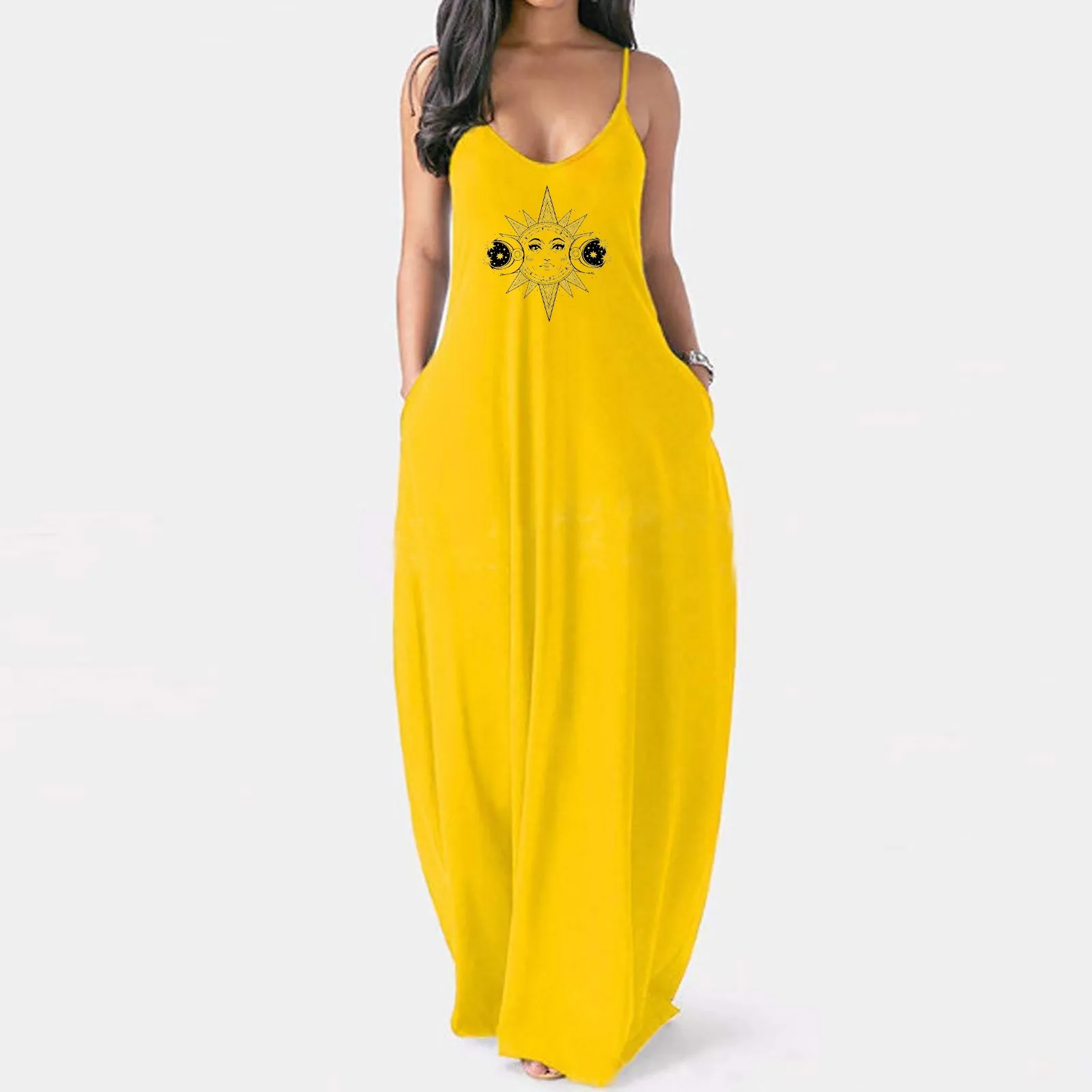 

Sexy Summer Women Cozy Long Maxi Dress Loose Pocket Sleeveless Sun God Prints Ladies Dresses Casual Beach Holiday Fashion Slim A