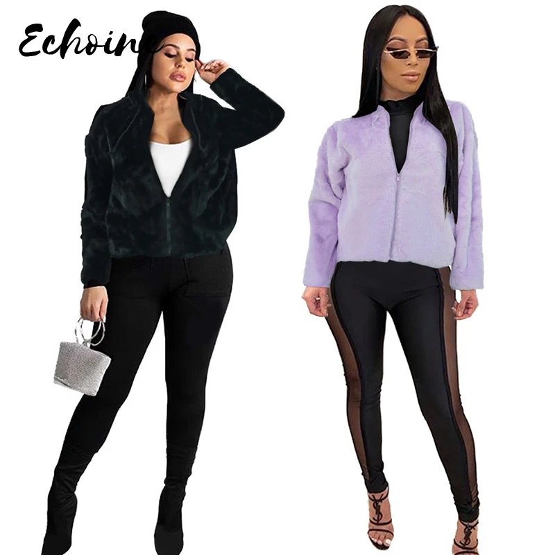 

Women Woolen Winter Print Jackets Female 2020 Fashion Hooded Zipper Plush Jackets Thick Warm Short Coat Black/Purple Coats Tops