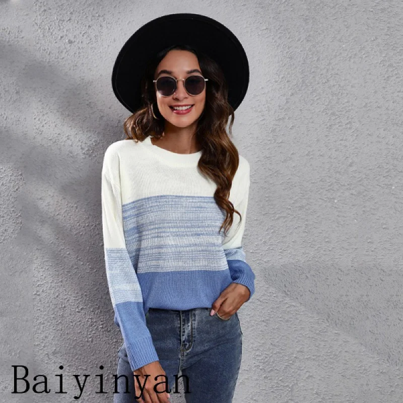 

Baiyinyan European American Women's Clothes Gradient Color Matching Drop Shoulder Loose Long Sleeve Pullover Knitted Sweater