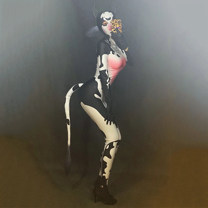 Женский комбинезон с рисунком коровы белый костюм для танцевальных шоу