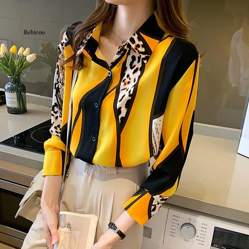 

Spring Autumn Women's Shirt New Korean Retro Loose Contrast Color Leopard Chiffon Blouse Commuter Long Sleeve Tops GD271