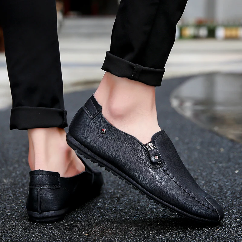 Men's Shoes Spring 2020 Natural Leather Casual Lightweight Simple Fashion Soft Bottom Waterproof Black Loafers | Обувь