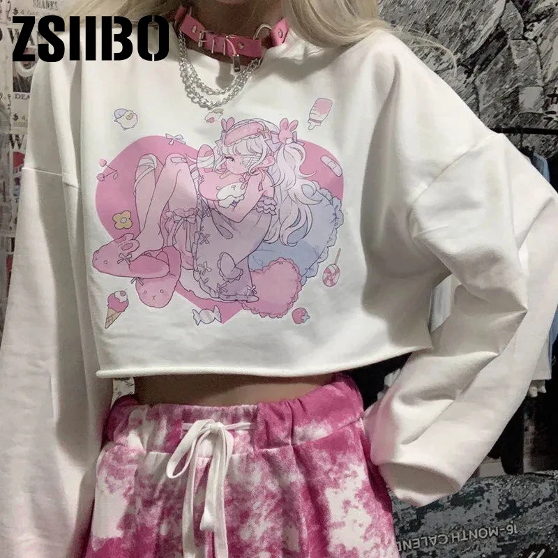 

crop top Cartoon y2k Loose Women clothes t-shirt Japanese anime Kawaii printing apparel Oversized t-shirt long sleeve t-shirts