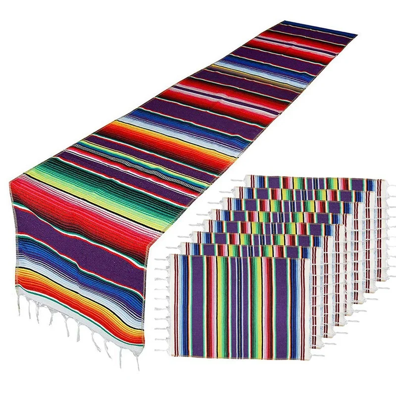 

Mexican Table Runner with Place Mats,Mexican Assorted Place Mats Mexican Party Wedding Decorations, Fringe Blanket Table Runner