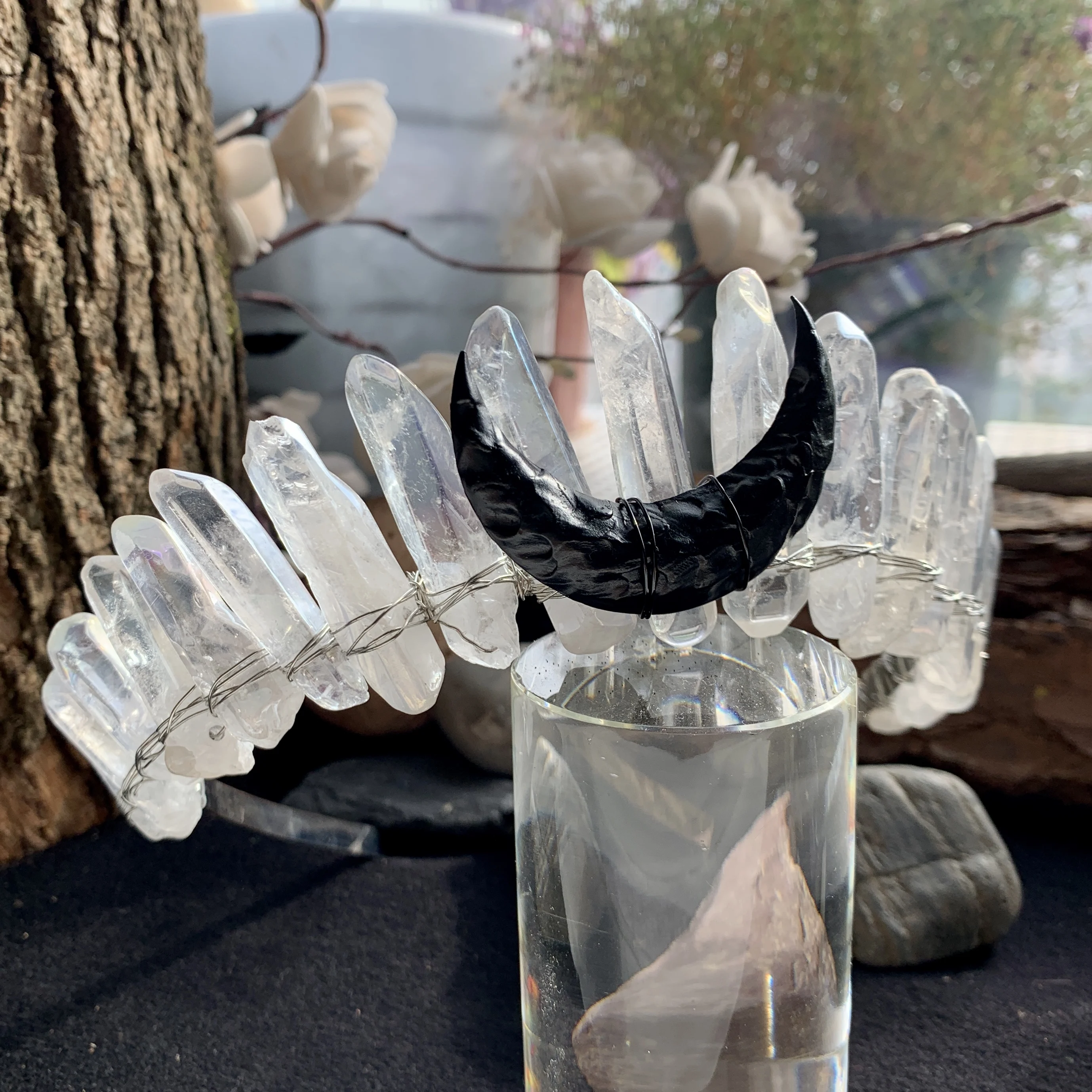 

Необработанная Хрустальная корона, черная Лунная корона, Викка, реквизит для фотографии, аксессуары для волос ведьмы, готический свадебный ...