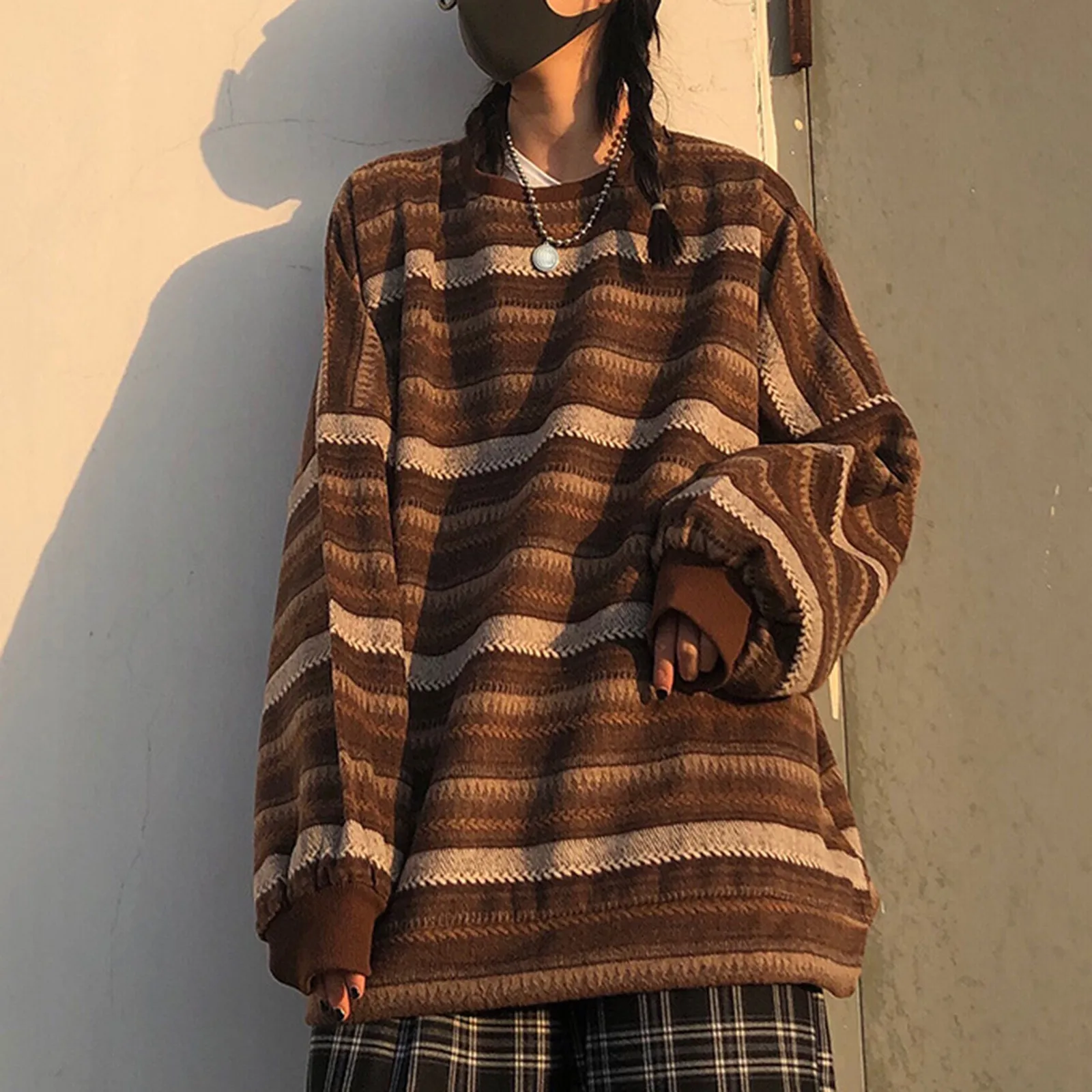 

Pullovers Women Men Oversize Sweater Warm Hip Pop Ulzzang Bf Unisex Casual Striped Knit Young Girl Fashion Retro Daily Harajuku