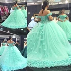 Мята бальное платье Бальные платья 3D искусственными цветами ручной работы с открытыми плечами сладкий 16 платья для женщин размера плюс, материал: тюль, маскарадные костюмы для выпускного вечера Vestidos