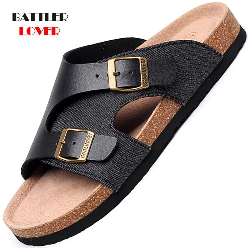 

2021 Fashion Men Beach Cork Slippers Summer Buckle Non-slip Outside Sandals Male Denim Leather Slide Shoes High Quality 39-46