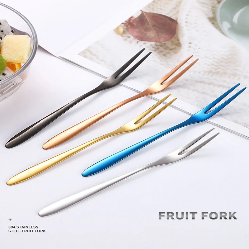 304 нержавеющая сталь с длинной ручкой двухзубная вилка для фруктов золотой