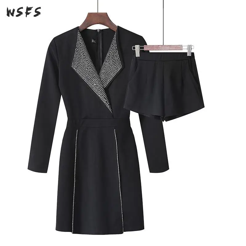 

2 Piece Set Autumn Dresses Black Drilling Long Sleeve Top Womens Dress Mini Shorts Suit Elegant Office Ladies Sexy Party Clothes