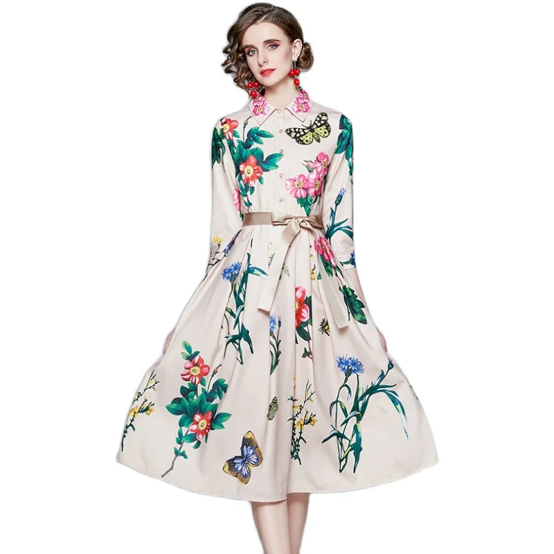 

Floral Butterfly Dress Woman Three Quarter Sleeve Elegant Party Print Belted Midi Dress Vestidos Robe Femme