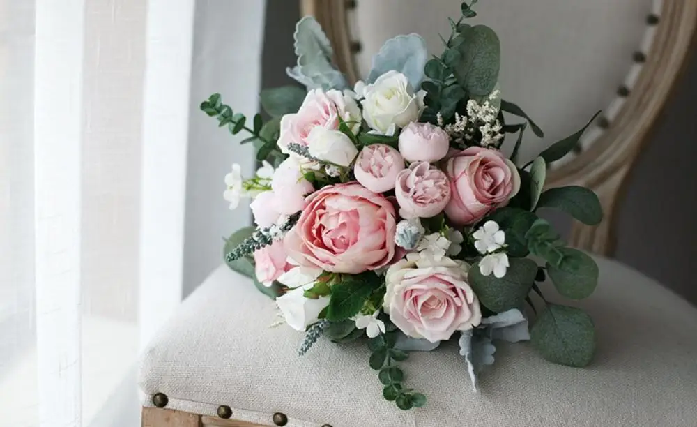 

JaneVini Vintage Liaght Pink Roses Bridal Bouquets Artificial Silk Flowers European Wedding Brides Fake Bouquet Ramos De Flores