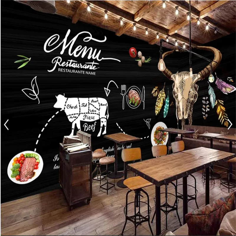 Пользовательские Настенные обои 3D черная ручная роспись стейк Вестерн Ресторан