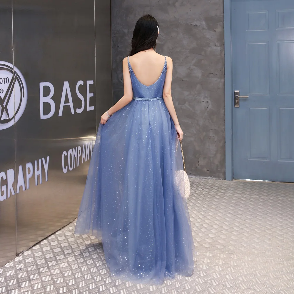 

2021 New A-Line Illusion Evening Dresses Blue Tulle Princess Evening Gown Sleeveless Backless Prom Gowns Elegant Formal Dress