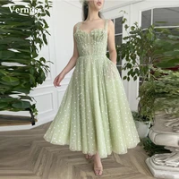 verngo green gingham tulle with white poppies evening dress draped straps a line ankle length party homecoming prom dress