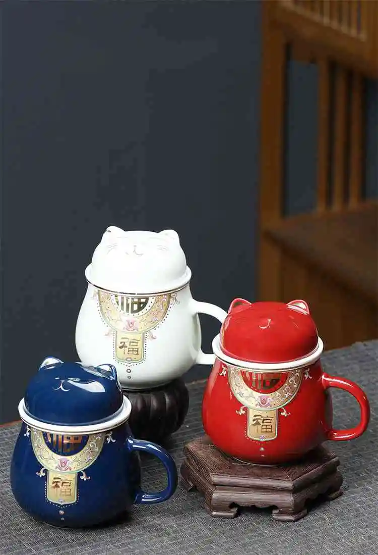 

tea cup ceramic mug filter Chinese style mug Plutus cat lucky birthday gift