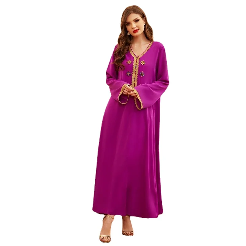 

Autumn New Muslim Rose Red Hand-Stitched Diamond Gold Embroidered Edge Long Sleeve Arab Dress Robe