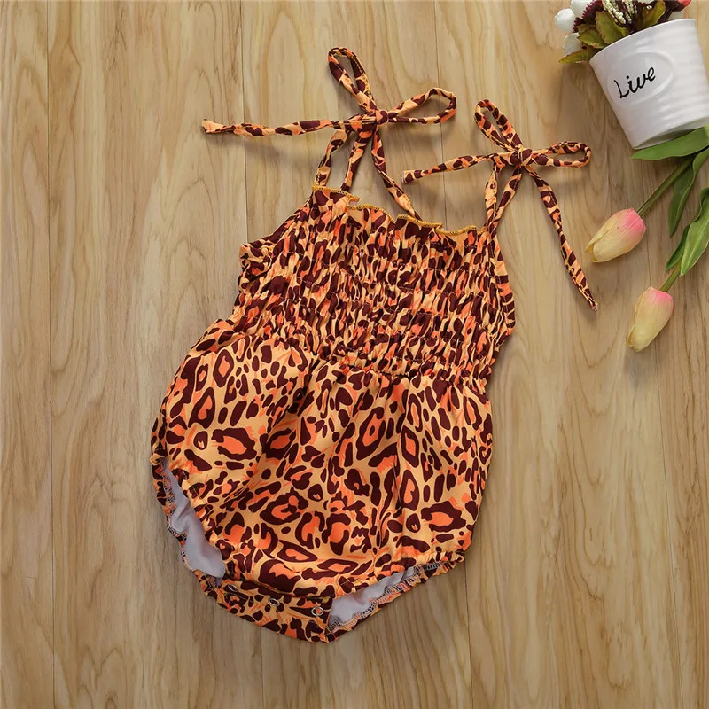 

2020 Brand Infant Baby Girls Leopard Printed Bodysuits Baby Girl Summer Cool Holiday Ruffles Sleeveless Jumpsuits Outfits 0-24M
