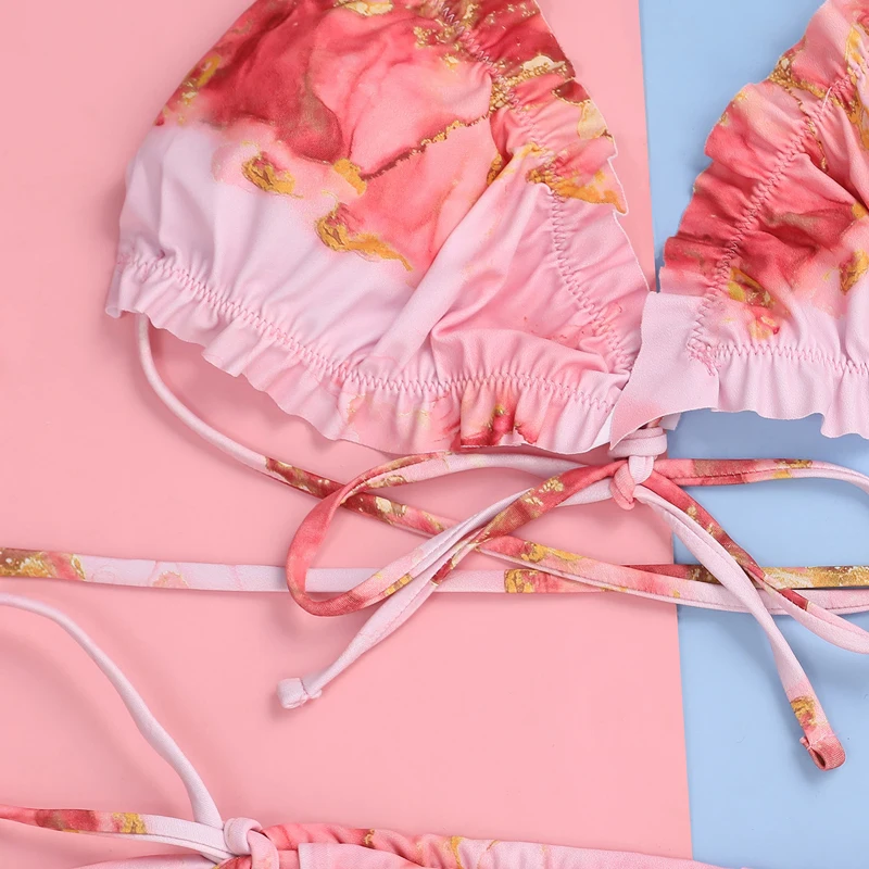 

2021 Sexy ruffle triangle swimsuit Halter push up bikini set String low waist swimwear Pink print bathing suit Swimming Biquini