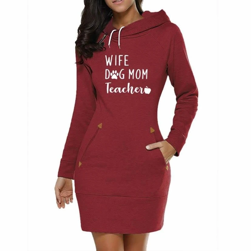 

Long Dress WIFE DOG MOM Teacher Letters Print Hoodies For Women Hoodies Women Sweatshirts Tops Harajuku Corduroy Hoody