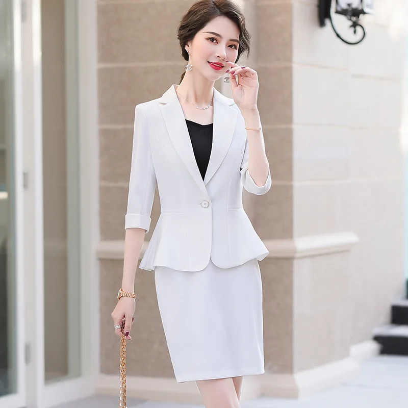 Офисная одежда для женщин с коротким рукавом и оборками приталенный костюм цвета