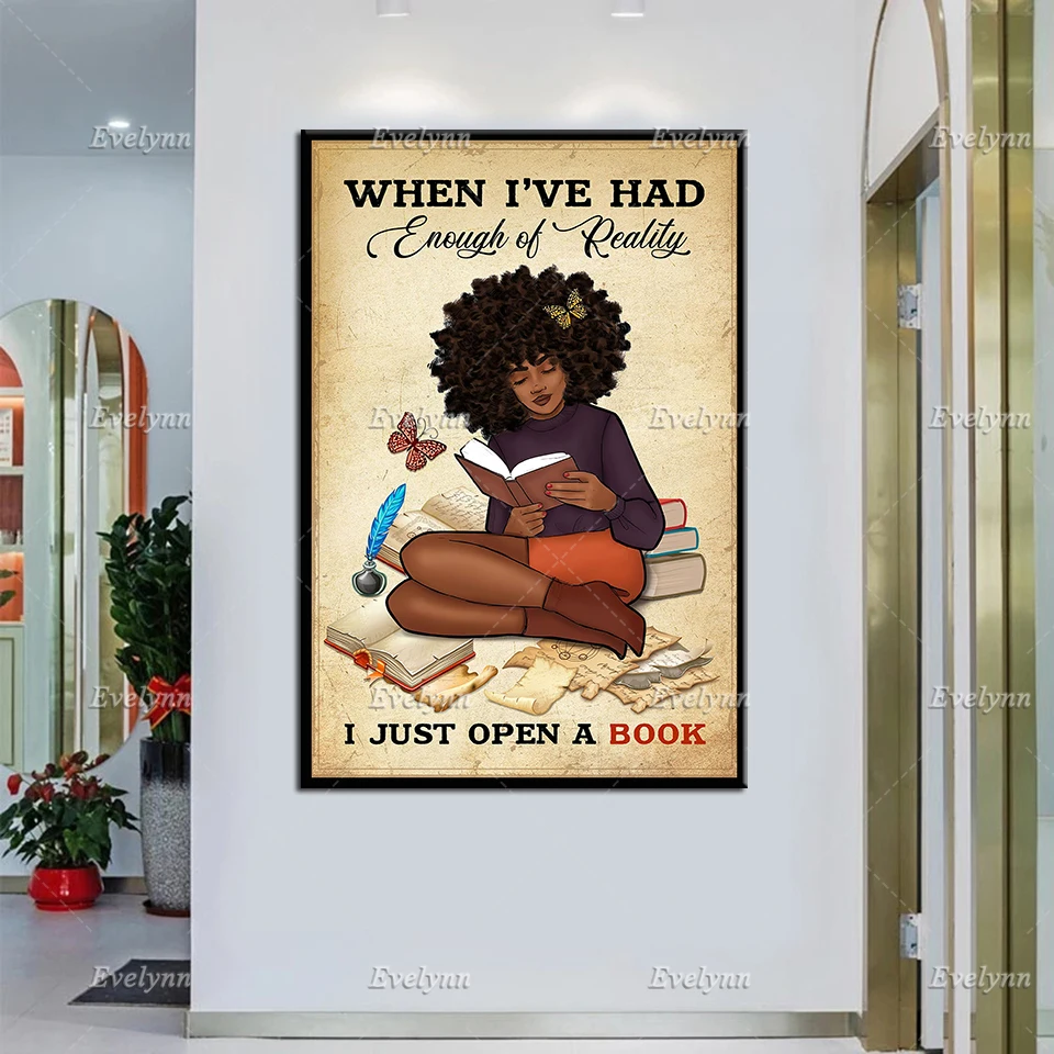 

Afro Girl Canvas Art,I Just Open A Book ,African American Woman Wall Prints,Love Reading Retro Poster, , Book Lovers Home Decor