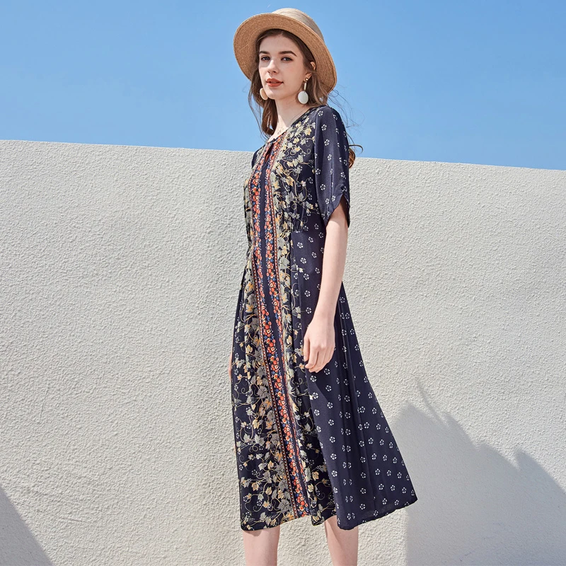 

100% Silk Women's Runway Dresses O Neck Short Sleeves Printed Lace Up Fashion Casual Mid Summer Dresses