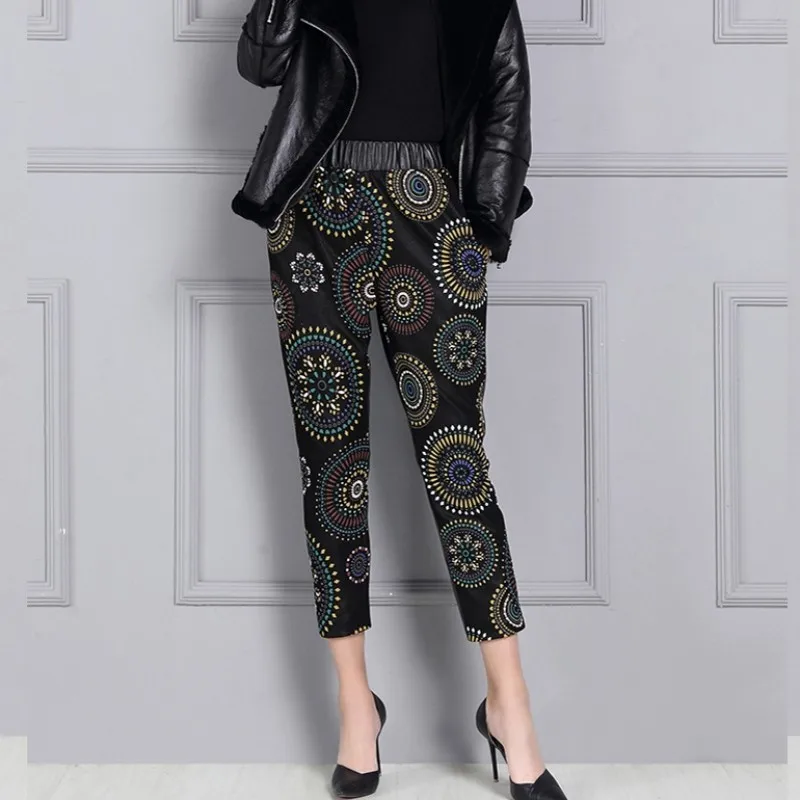 

Genuine High Waist Harem Pencil Pants Women Fashion Printing Ankle-Length Sheepskin Real Leather Brand Luxury Trousers