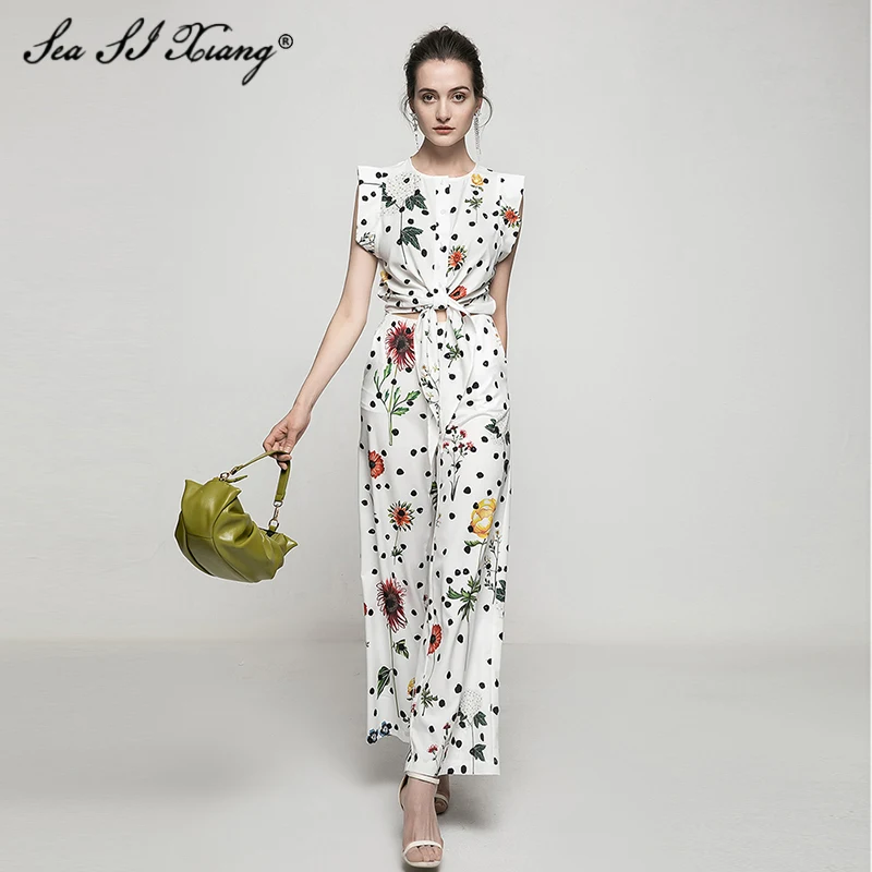 

Seasixiang Fashion Designer Spring Set Women's Sleeveless Single-Breasted Short Tops + Trousers Dot Flower Print Two Piece Set