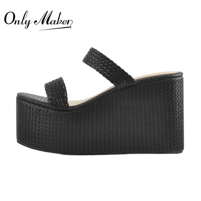 

Onlymaker Summer Casual Slip On Sandals For Women Round Toe Wedges Platform Weave Sandals Matte Black Comfortable Large Size