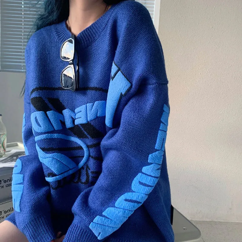 

Свитер с вышивкой в виде букв для тяжелой промышленности, Осень-зима, винтажный Вязаный Свитер оверсайз, Свободный Повседневный пуловер уни...