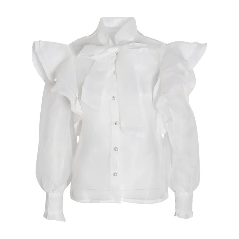 

New solid color sexy perspective shirt female stand collar lace-up flounce long sleeve slim shirt