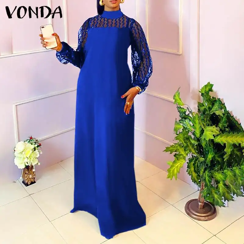 

Женское Элегантное Длинное Платье 2022 VONDA, сексуальное длинное пляжное платье с высоким воротником и кружевом в стиле пэчворк, объемное плат...